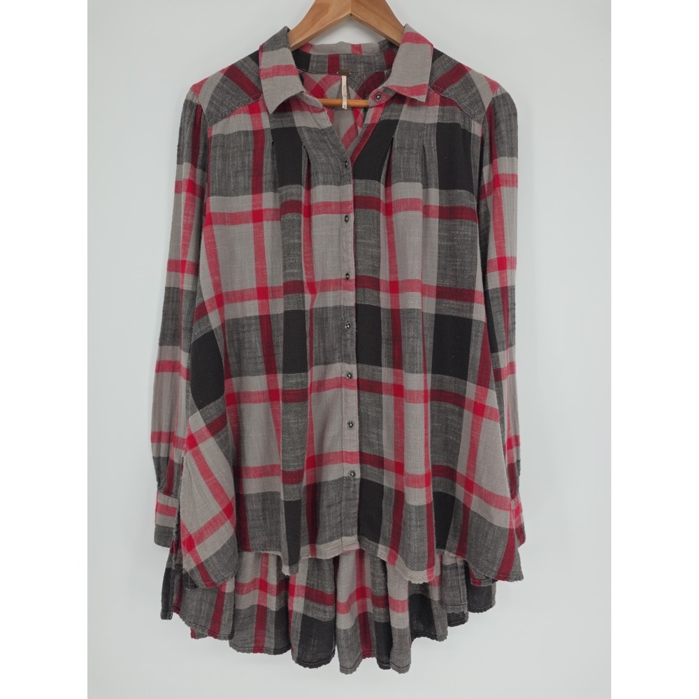 Free People Preppy in Plaid Tunic Shirt M Ruffle Hem Oversized Fall Boho Button